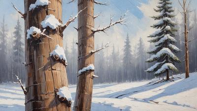 The primary subject of the image is a snow-covered tree with a few branches. The setting is a snowy forest, with other trees visible in the background. The visual style is a painting, which gives the scene a more artistic and detailed appearance. The colors and mood of the image are predominantly white and cold, as the snow covers the trees and the overall atmosphere is serene and quiet.
